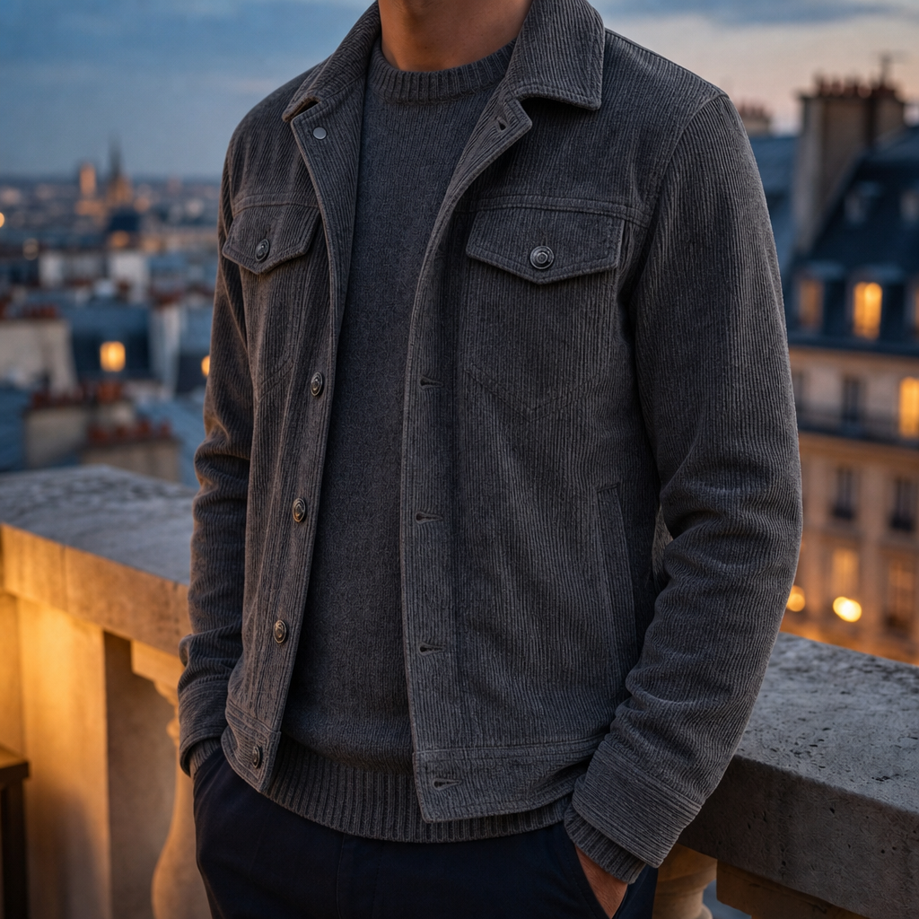 Men's Corduroy Button-Front Jacket with Turn-Down Collar