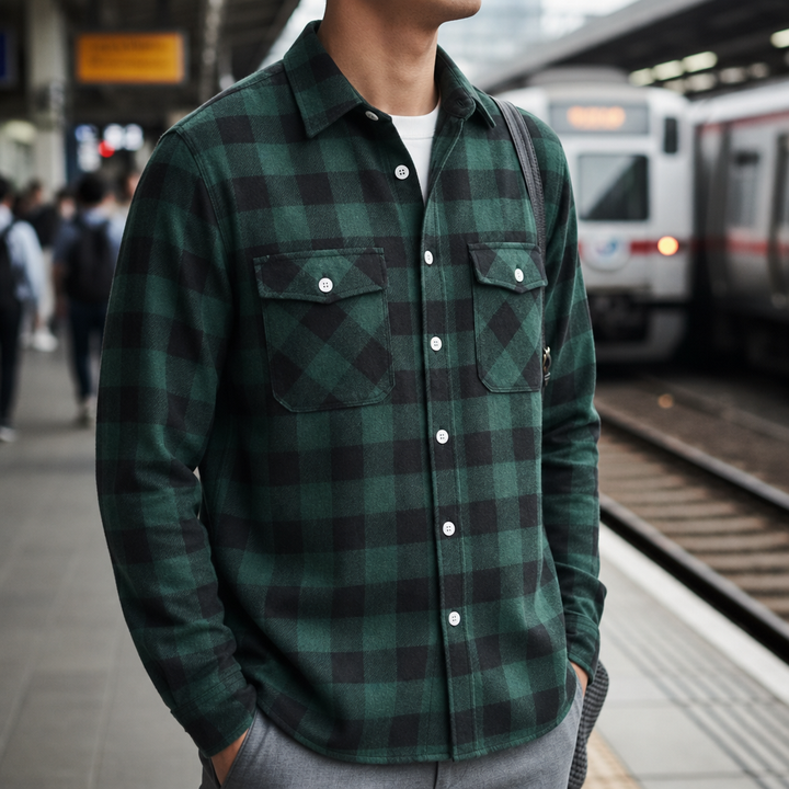 Men's Plaid Flannel Shirt with Dual Chest Pockets