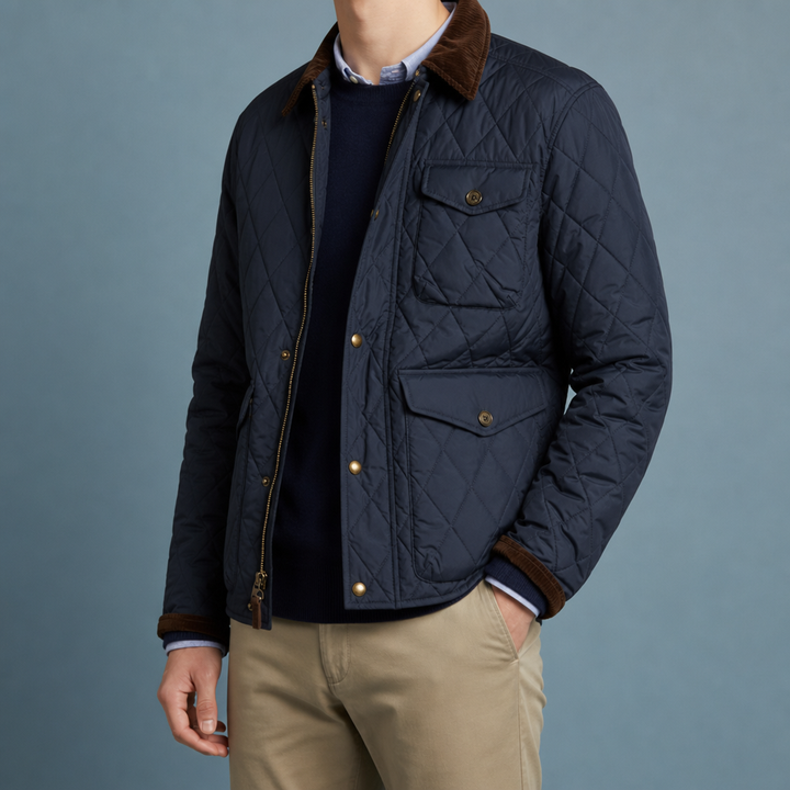 Men's Quilted Jacket with Corduroy Collar and Front Zip