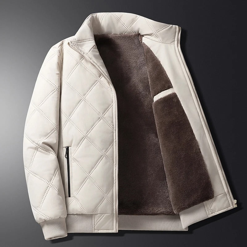 Men's Fleece-Lined Quilted Winter Jacket with Stand Collar