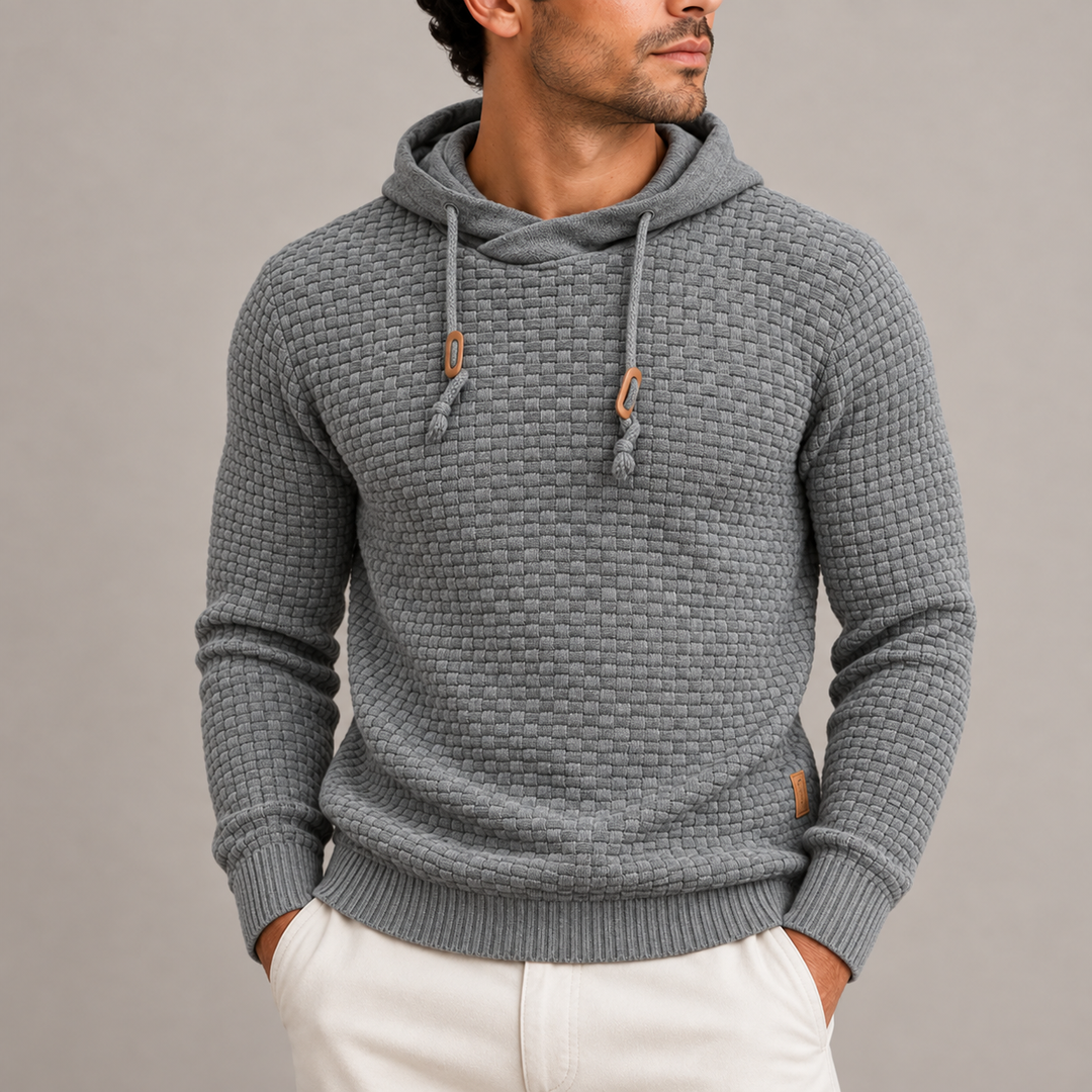 Men's Basketweave Knit Pullover Hoodie with Ribbed Cuffs