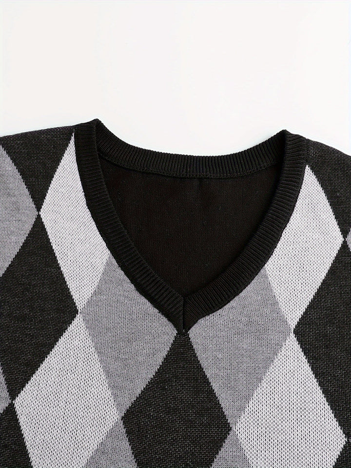 Men's Argyle Knit Sweater Vest with V-Neck