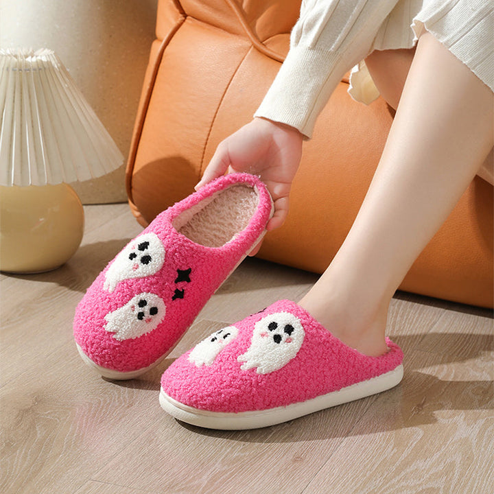 Women's Fluffy Ghost Print Halloween Slippers