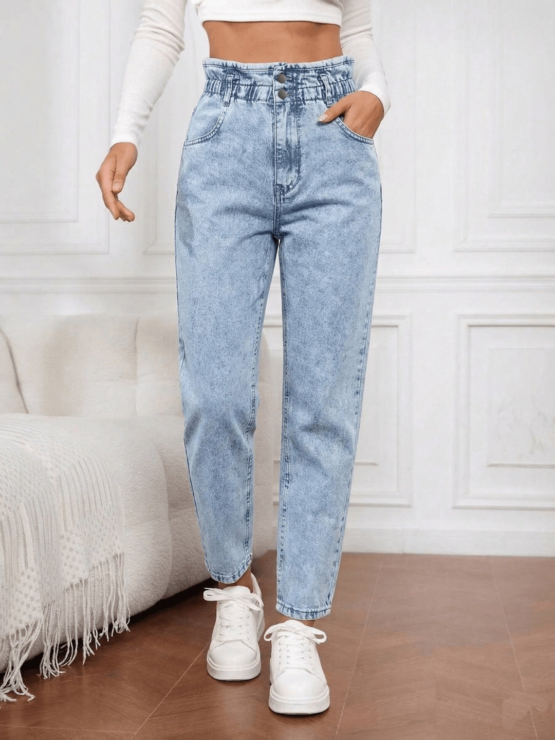 Women's Acid Wash Paperbag Waist Mom Jeans