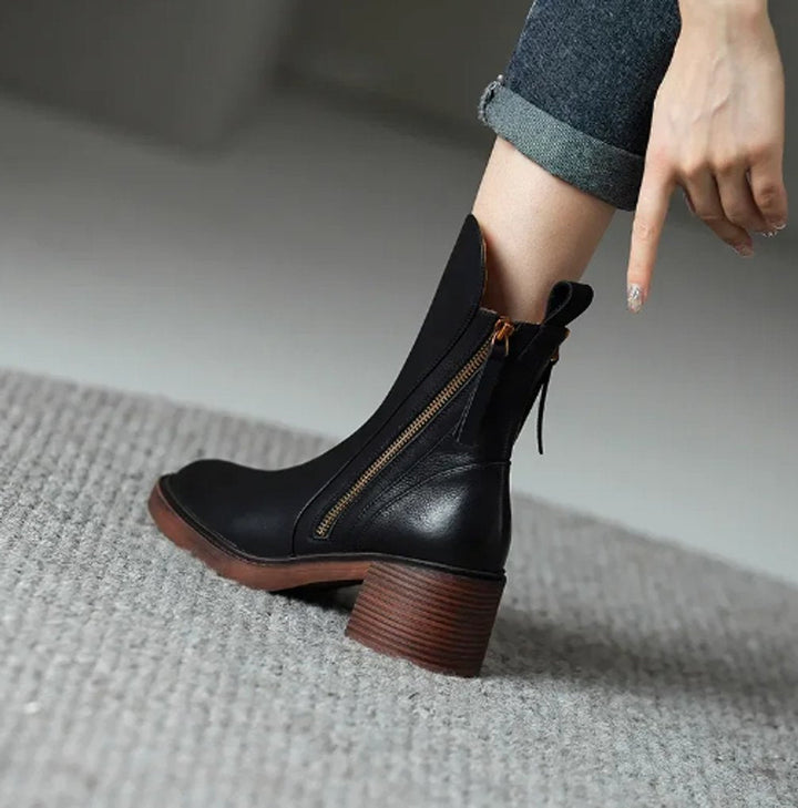 Women's Leather Block Heel Ankle Boots with Side Zipper