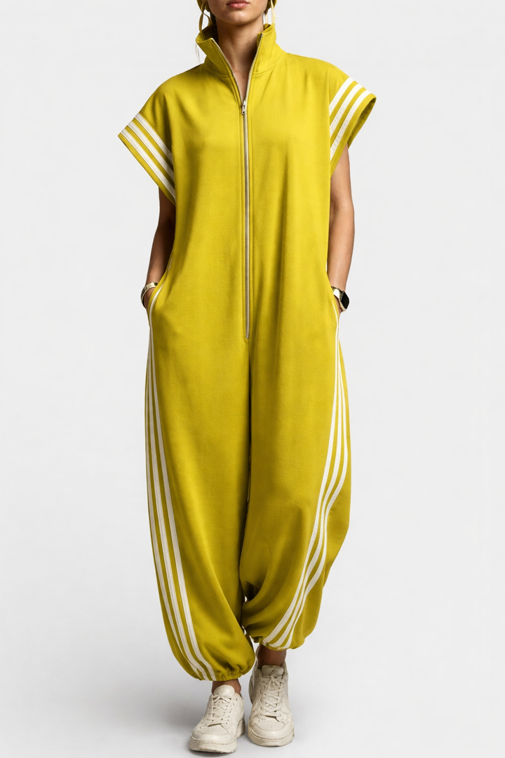 Women's Zip-Up Sleeveless Jumpsuit with Stripe Detail