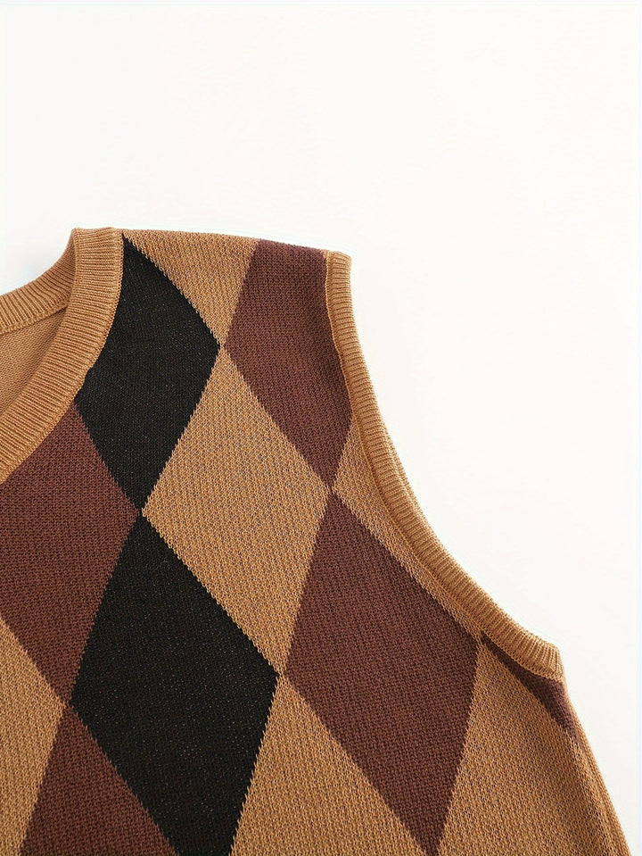 Men's Argyle Knit Sweater Vest with V-Neck