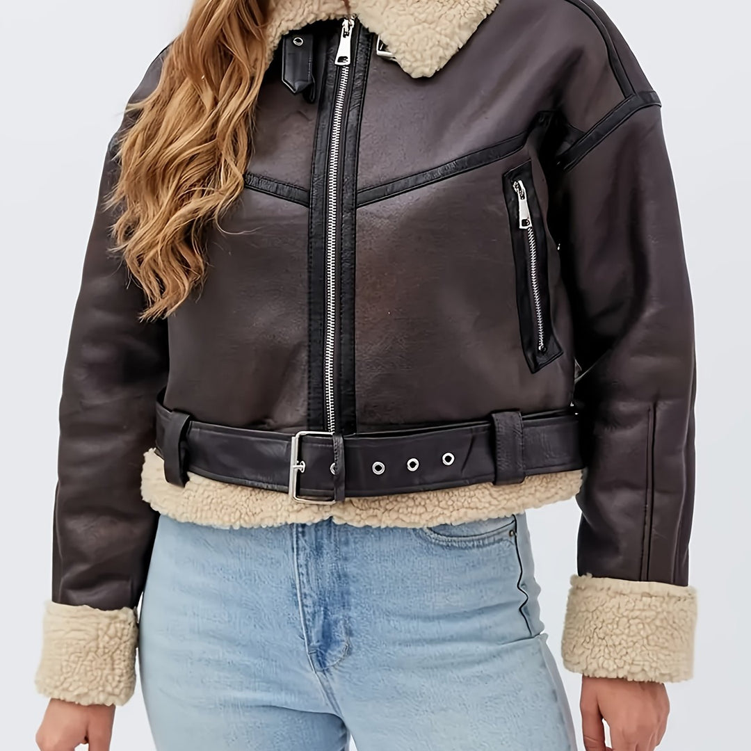 Women's Shearling-Trim Moto Jacket with Belt