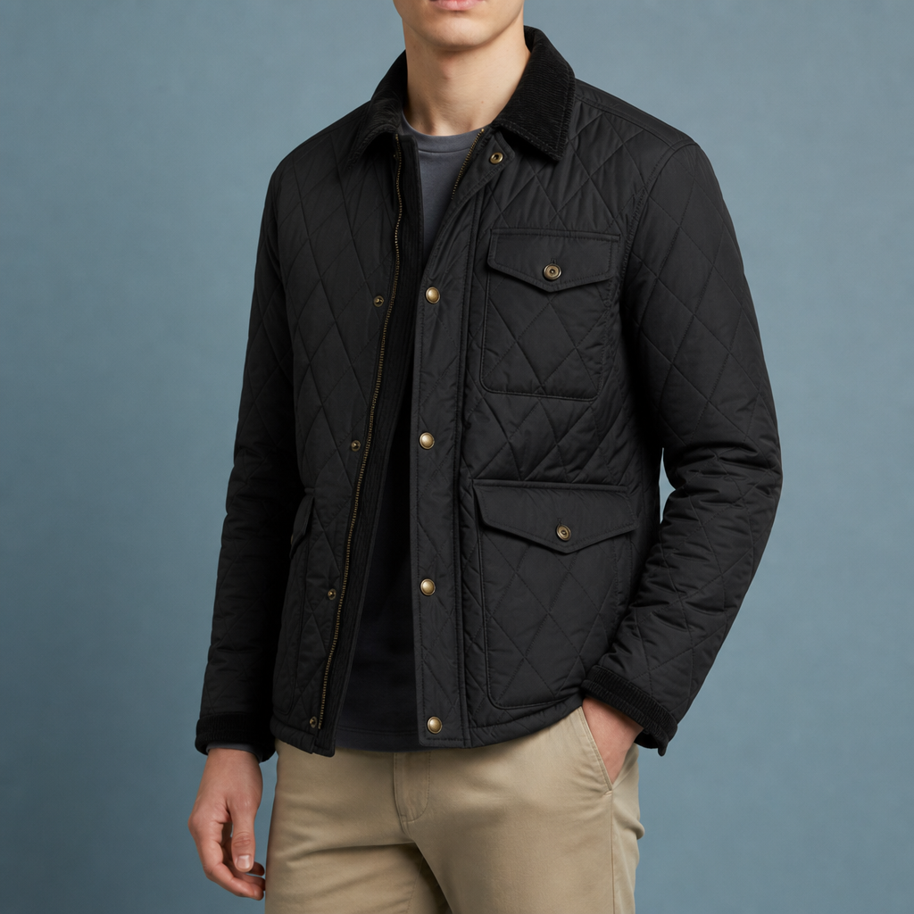 Men's Quilted Jacket with Corduroy Collar and Front Zip