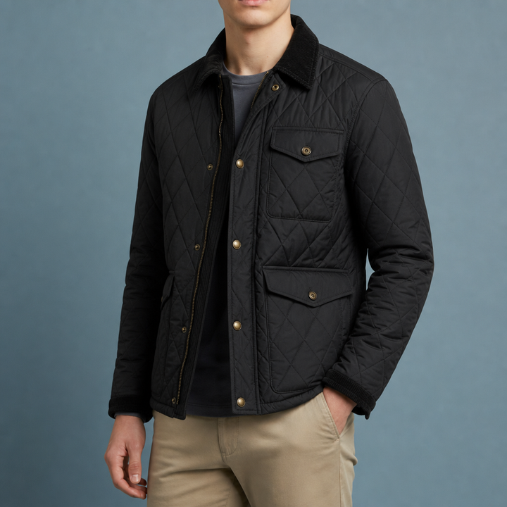 Men's Quilted Jacket with Corduroy Collar and Front Zip