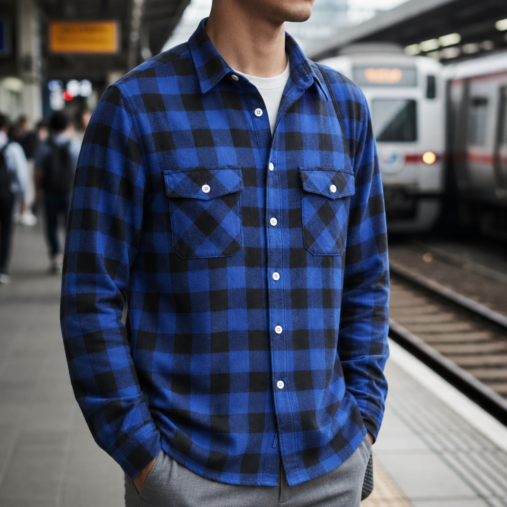 Men's Plaid Flannel Shirt with Dual Chest Pockets