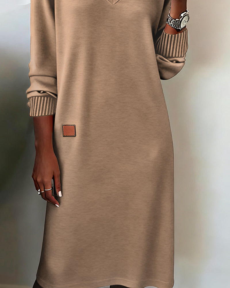 Women's Knit V-Neck Sweater Dress with Striped Cuffs