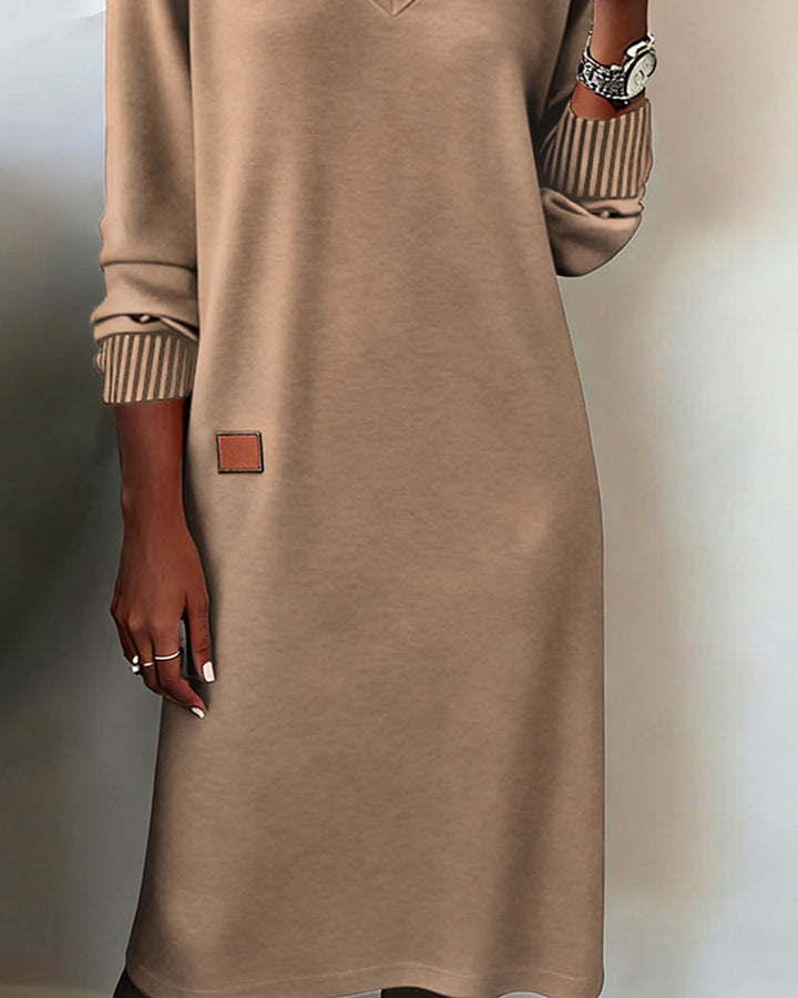 Women's Knit V-Neck Sweater Dress with Striped Cuffs