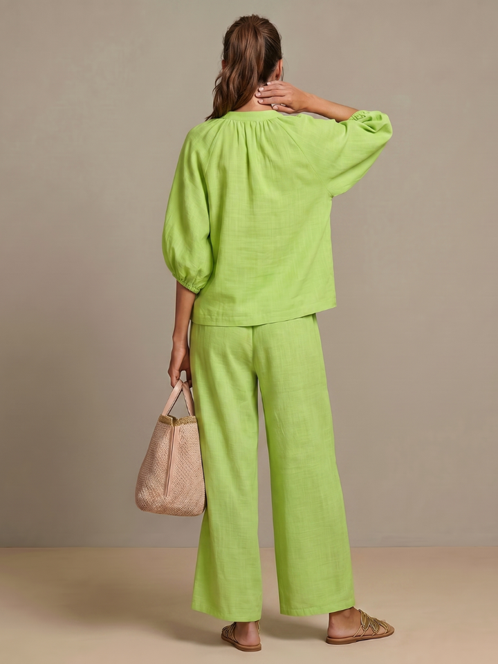 Women's Linen Zip-Neck Top and Wide-Leg Pants Set
