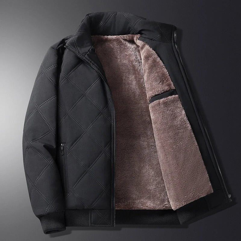 Men's Fleece-Lined Quilted Winter Jacket with Stand Collar