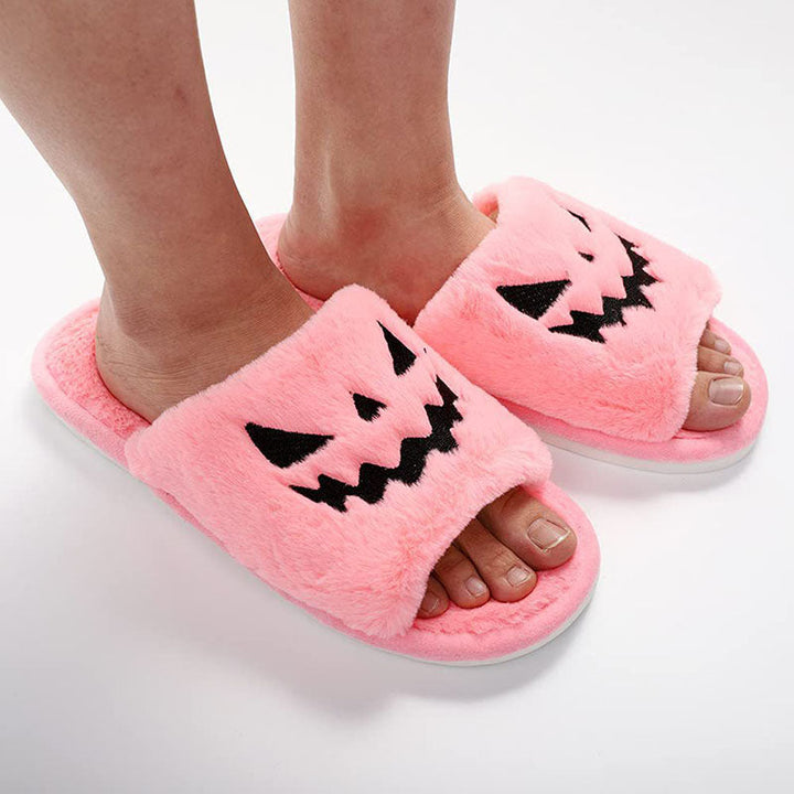 Women's Plush Pumpkin Face Halloween Slippers