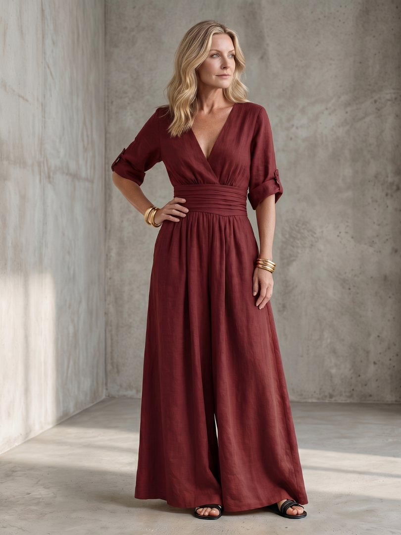 Women's Linen Wrap Jumpsuit with Wide-Leg Pants