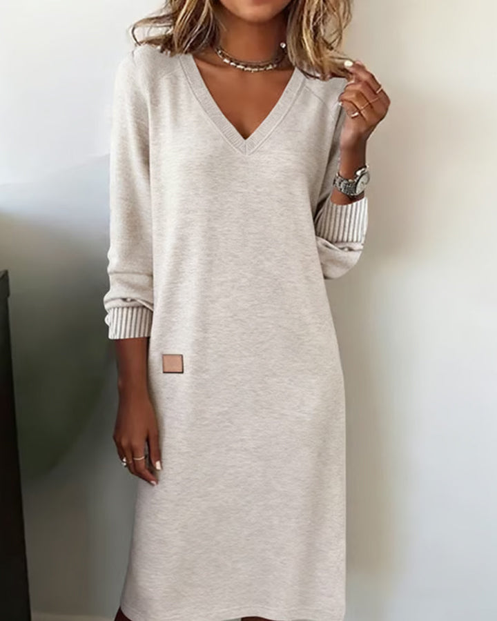 Women's Knit V-Neck Sweater Dress with Striped Cuffs