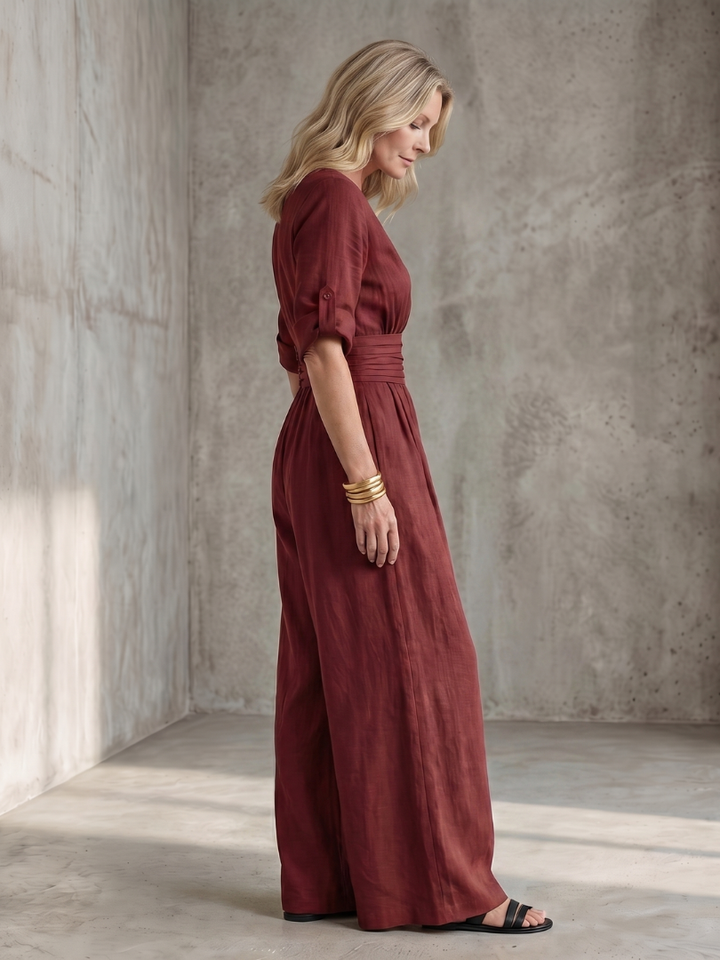 Women's Linen Wrap Jumpsuit with Wide-Leg Pants