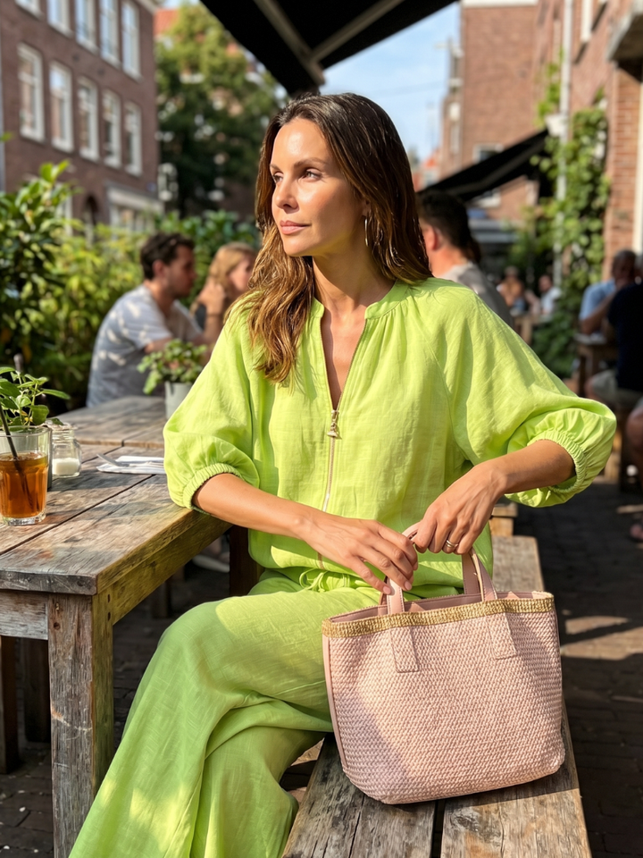 Women's Linen Zip-Neck Top and Wide-Leg Pants Set