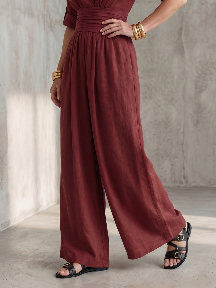 Women's Linen Wrap Jumpsuit with Wide-Leg Pants