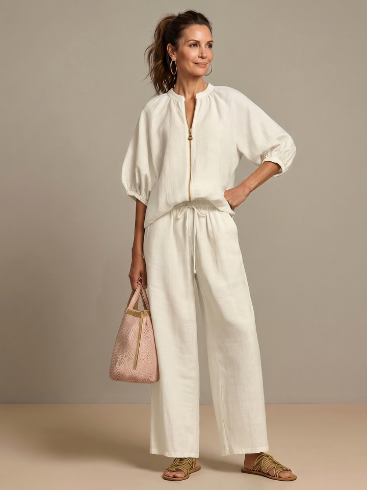 Women's Linen Zip-Neck Top and Wide-Leg Pants Set