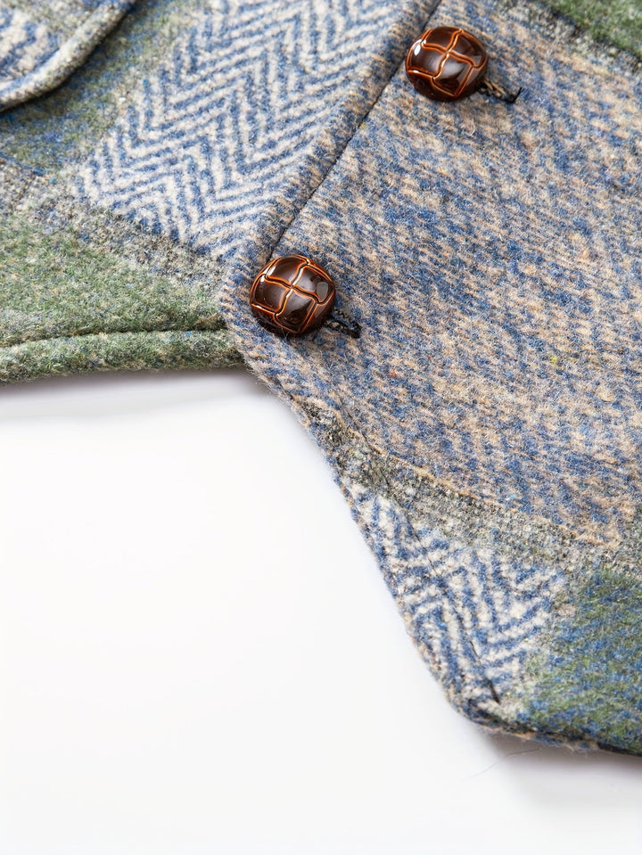 Men's Patchwork Tweed Suit Vest with Notch Lapel