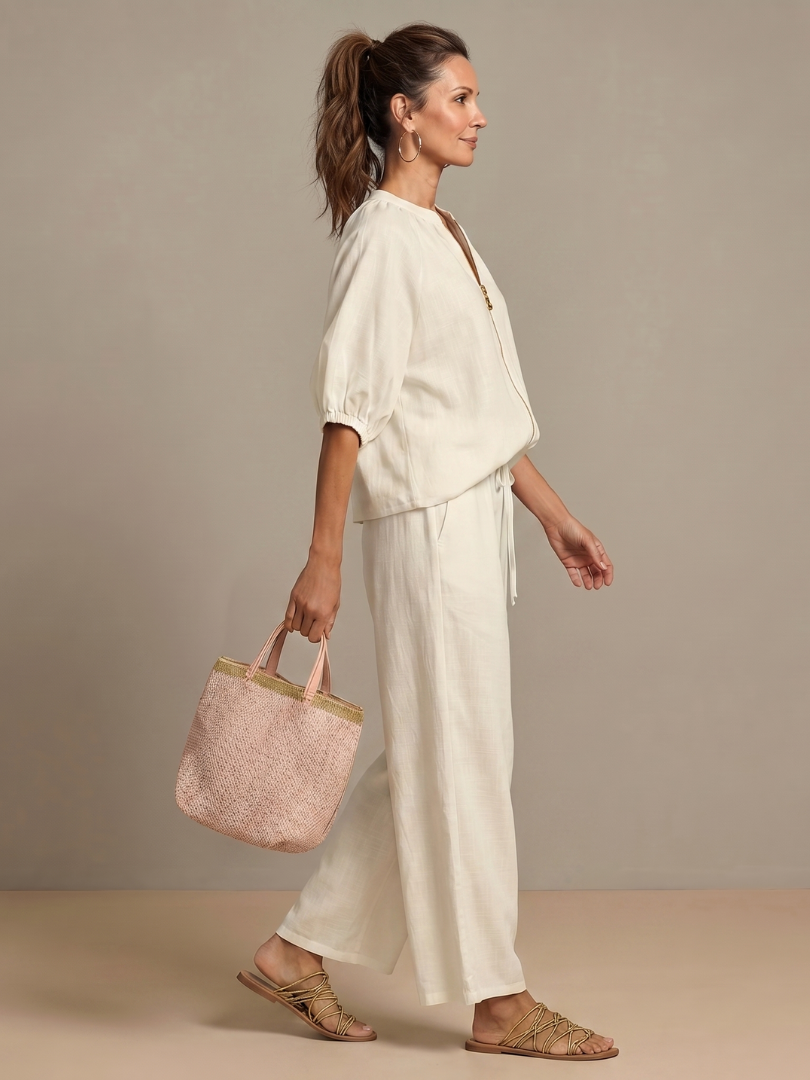 Women's Linen Zip-Neck Top and Wide-Leg Pants Set