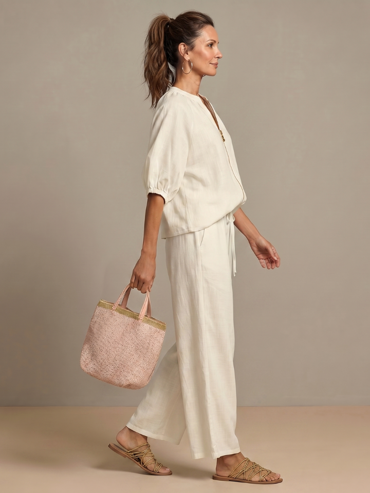 Women's Linen Zip-Neck Top and Wide-Leg Pants Set