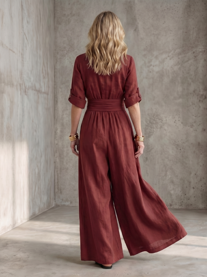 Women's Linen Wrap Jumpsuit with Wide-Leg Pants
