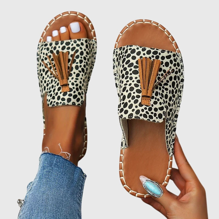 Women's Tasseled Animal Print Slide Sandals