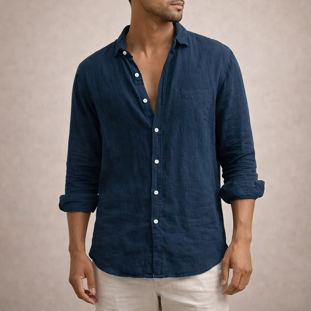Men's Linen Button-Down Shirt with Spread Collar