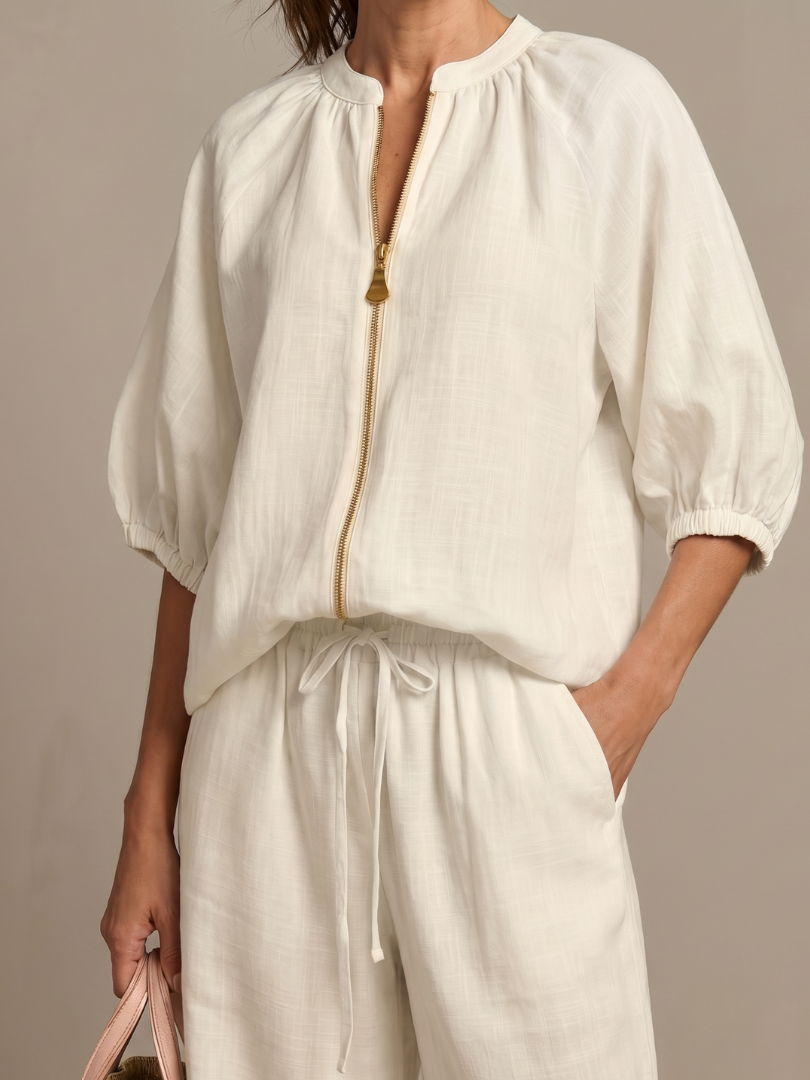 Women's Linen Zip-Neck Top and Wide-Leg Pants Set
