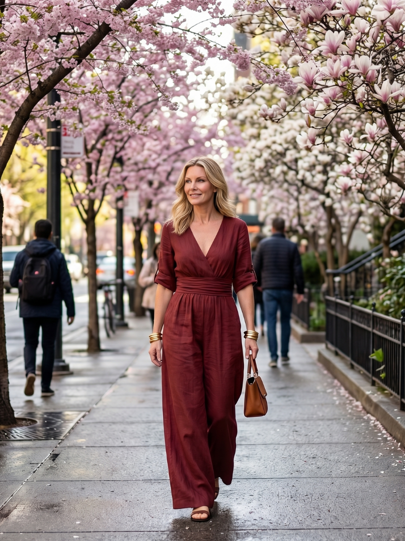 Women's Linen Wrap Jumpsuit with Wide-Leg Pants