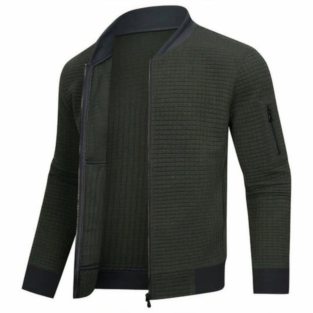 Men's Textured Grid Bomber Jacket with Ribbed Collar