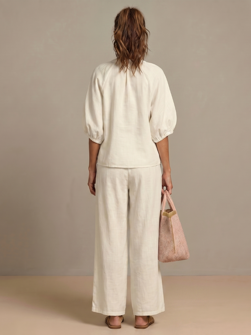 Women's Linen Zip-Neck Top and Wide-Leg Pants Set