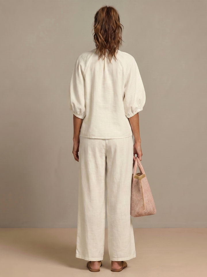 Women's Linen Zip-Neck Top and Wide-Leg Pants Set