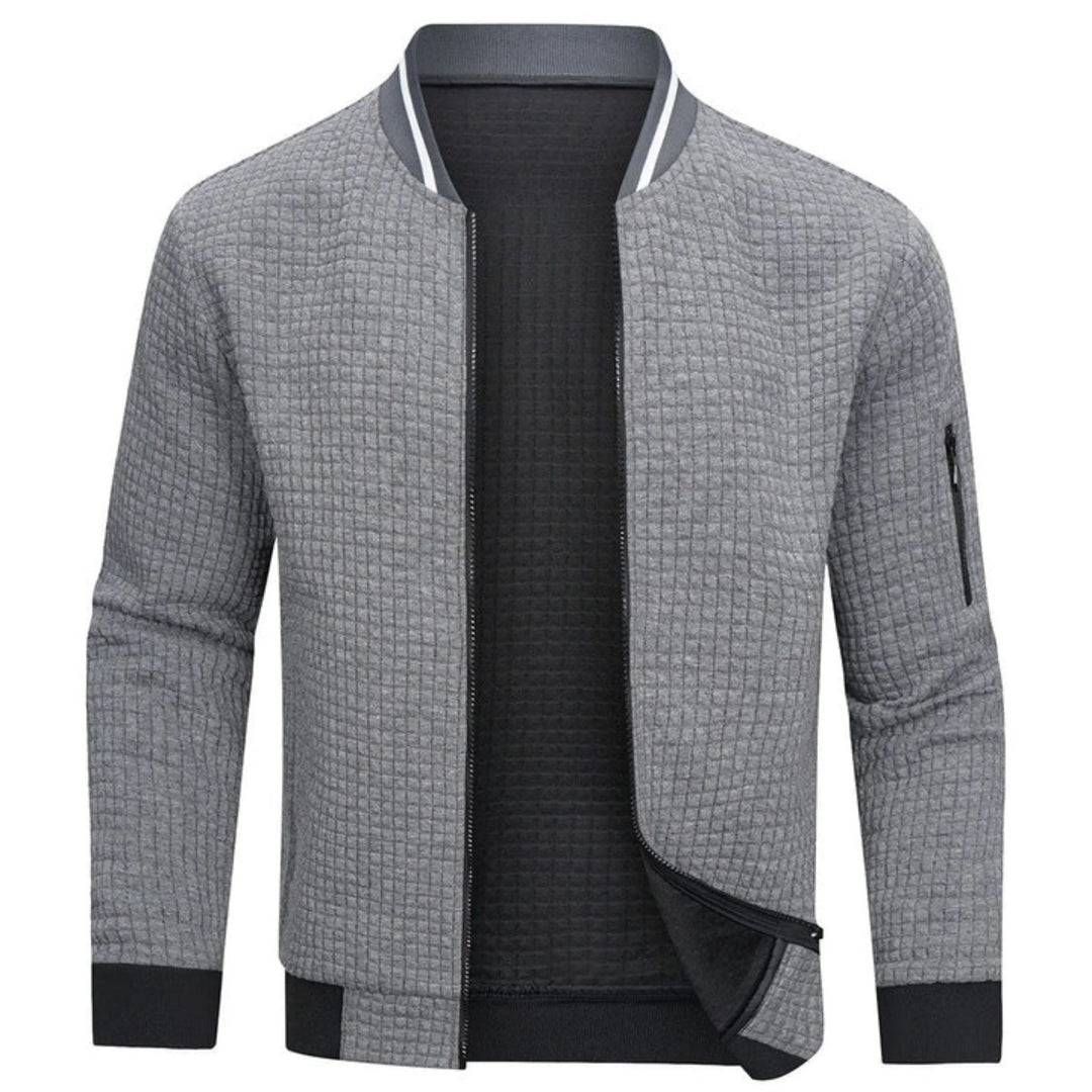 Men's Textured Grid Bomber Jacket with Ribbed Collar