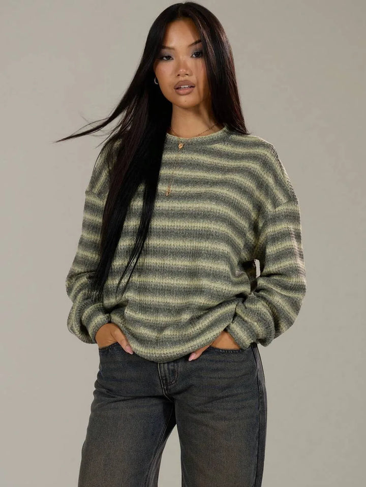 Women's Waffle Knit Striped Crew Neck Sweater