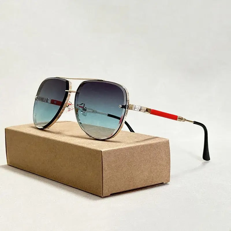 Aviator Sunglasses with Engraved Metal Frame and Gradient Lenses
