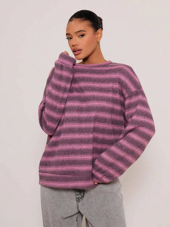 Women's Waffle Knit Striped Crew Neck Sweater