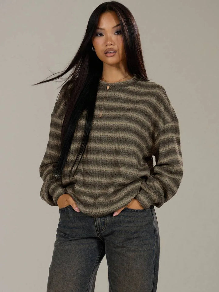 Women's Waffle Knit Striped Crew Neck Sweater