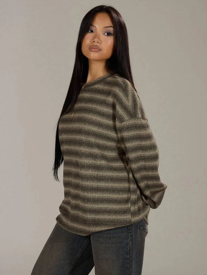 Women's Waffle Knit Striped Crew Neck Sweater
