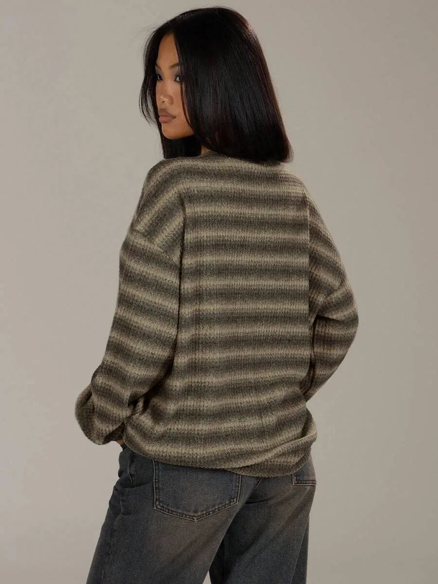 Women's Waffle Knit Striped Crew Neck Sweater