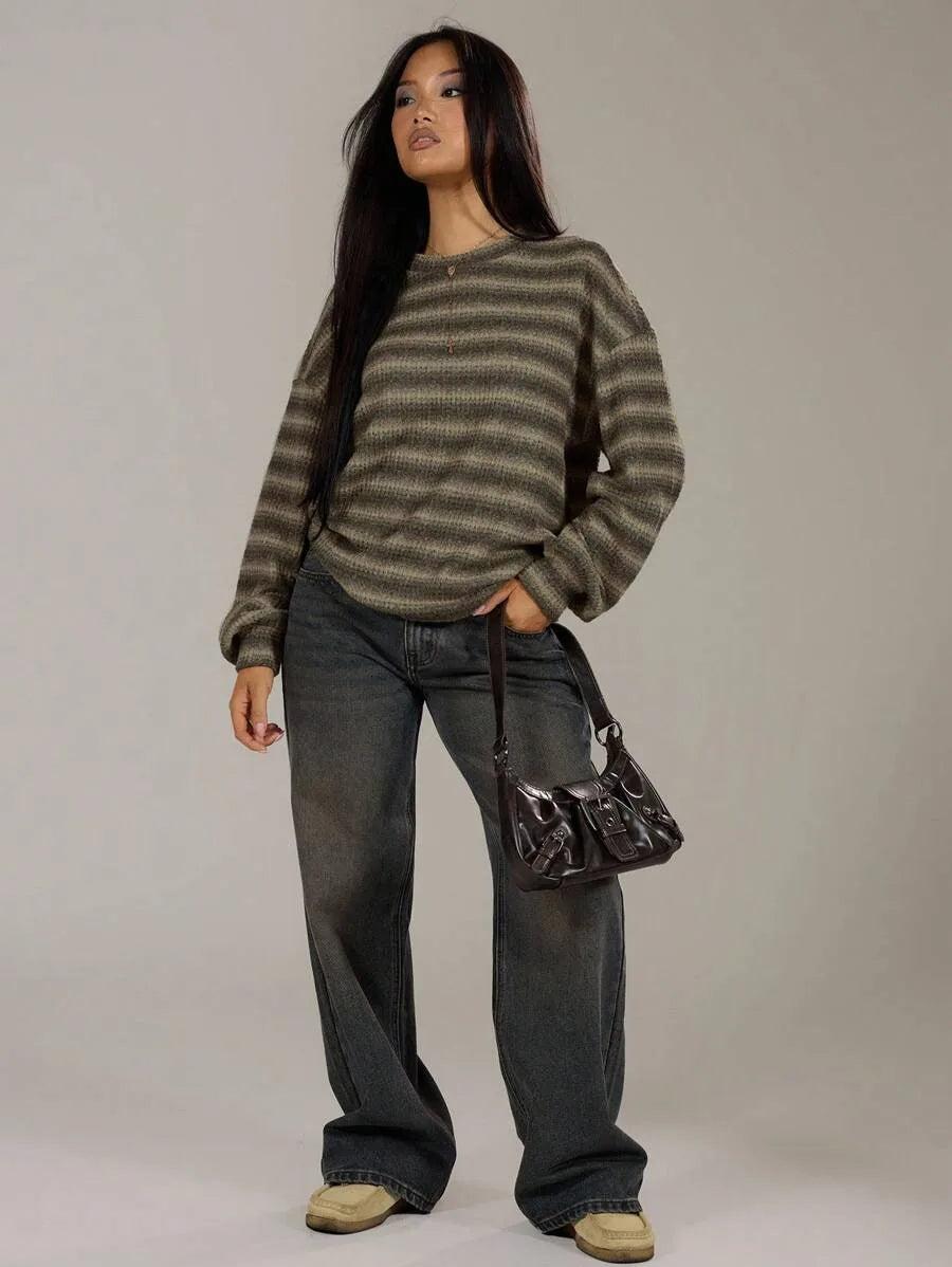 Women's Waffle Knit Striped Crew Neck Sweater
