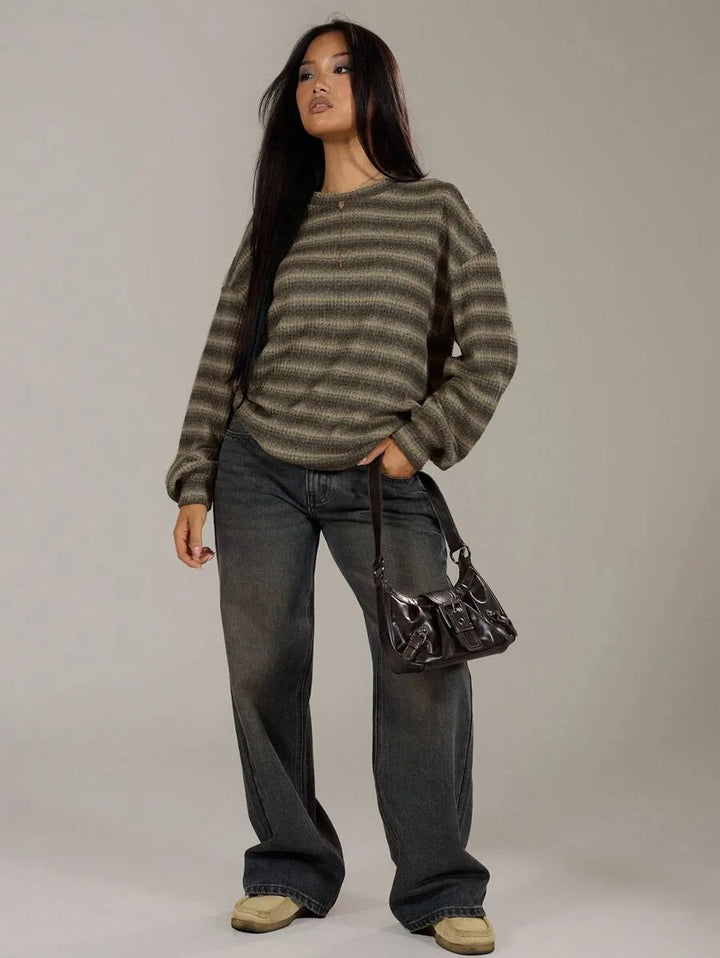 Women's Waffle Knit Striped Crew Neck Sweater