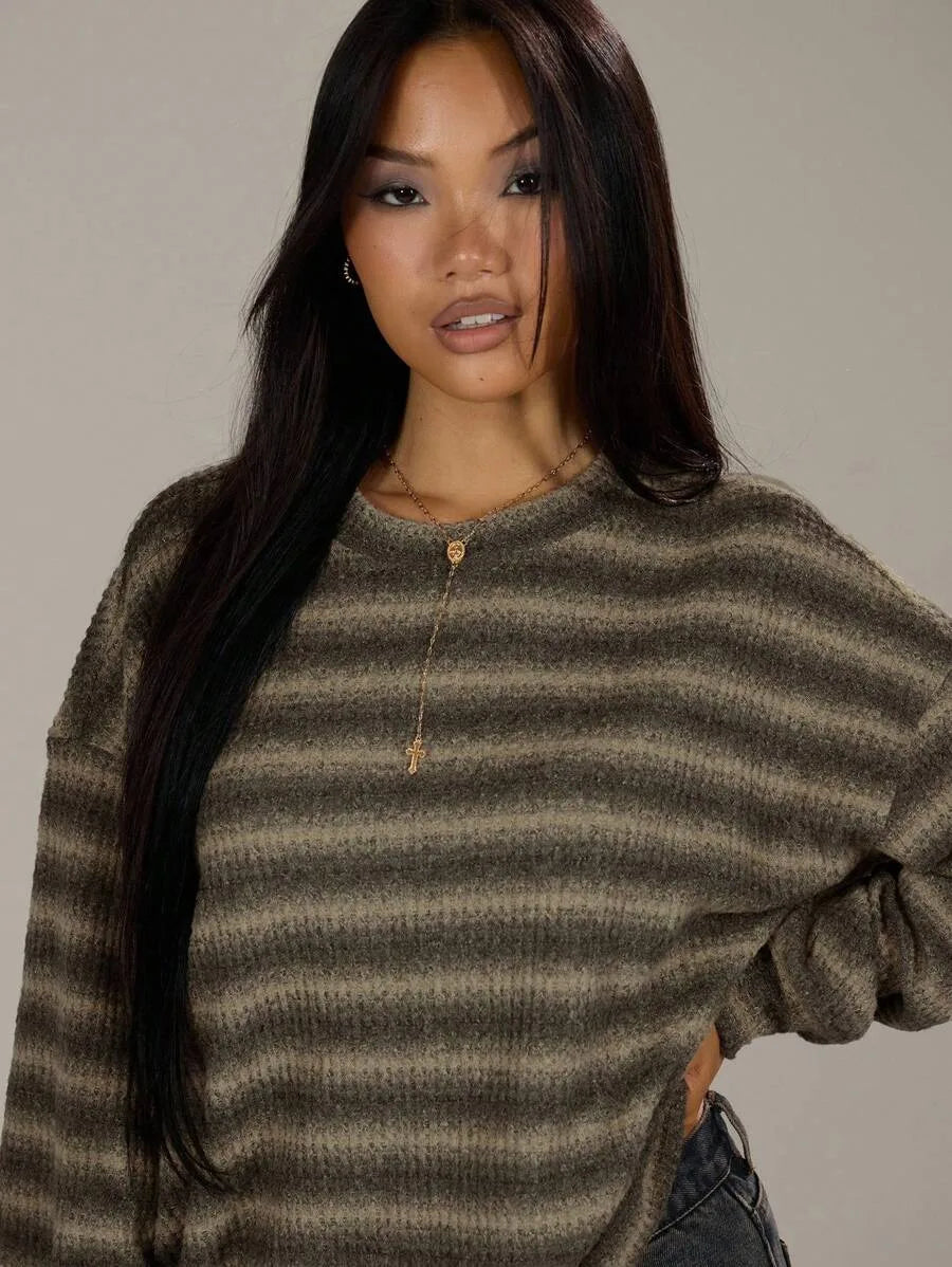 Women's Waffle Knit Striped Crew Neck Sweater