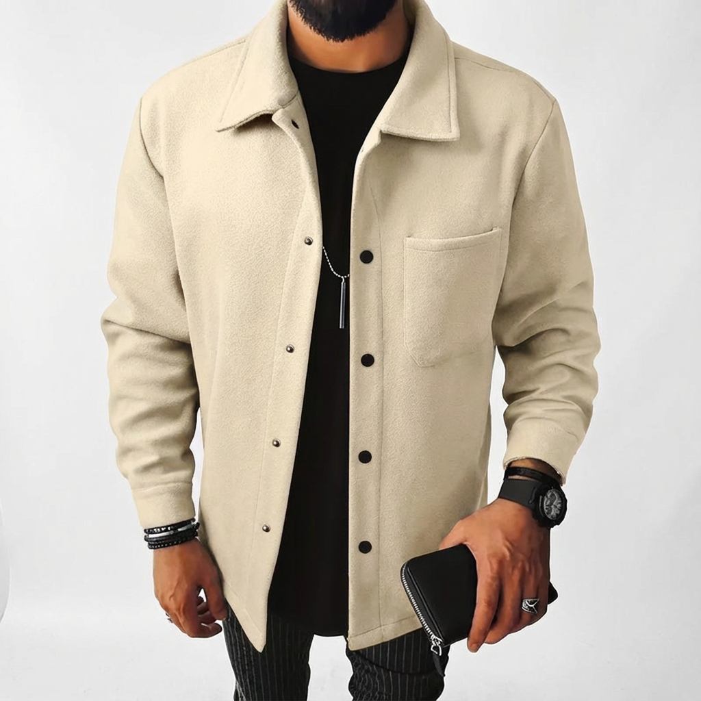 Men's Brushed Cotton Button-Up Shirt Jacket with Chest Pocket