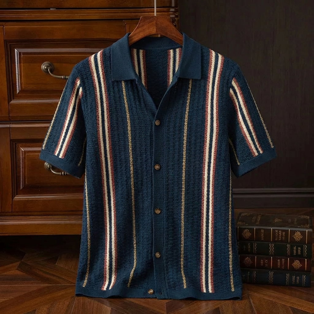 Men's Striped Cotton Knit Polo with Classic Collar