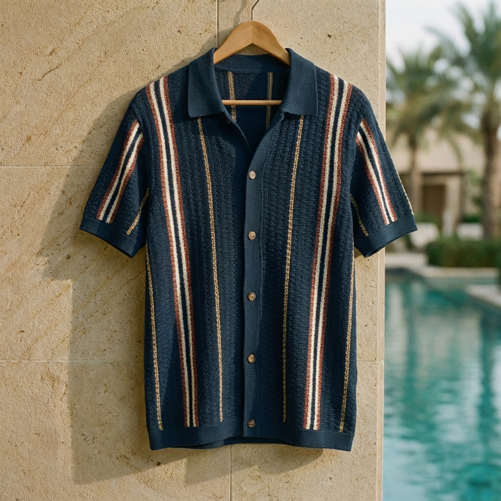 Men's Striped Cotton Knit Polo with Button Closure